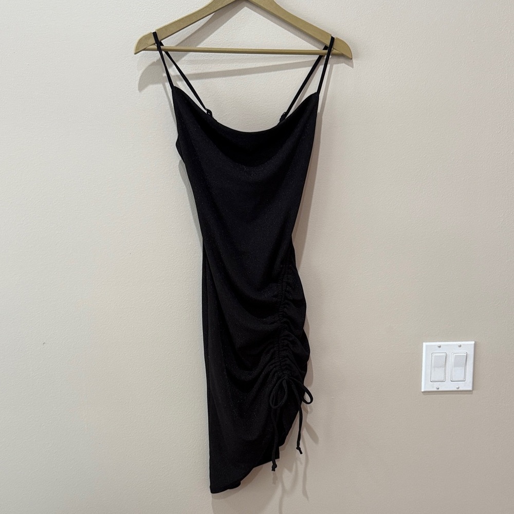 Elegant Black with Metallic Ruched Side Tie Dress Prom Wedding Guest Size S